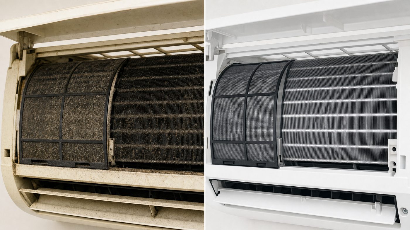 Serpentín de un minisplit antes y después de la limpieza profunda