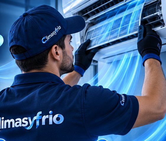 Técnico de Climasyfrio, uniformado e identificado, dando servicio a un minisplit